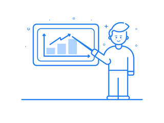 Vector illustration in flat linear style and blue colors - business conference.