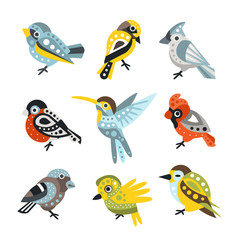 Obraz na płótnie Canvas Small Bird Species, Sparrows And Hummingbirds Set Of Decorative Artistic Design Wild Animals Vector Illustrations