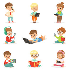 Small Kids Using Modern Gadgets And Reading Books, Childhood And Technology Set Of Cute Illustrations