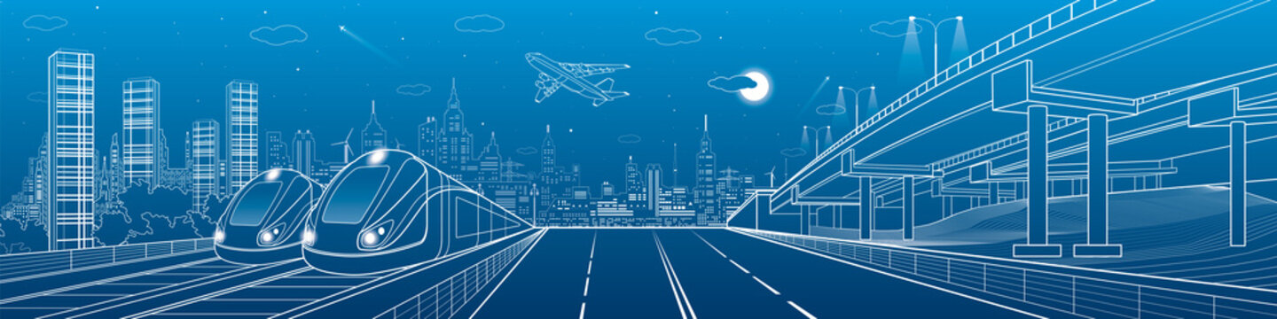 Infrastructure and transportation panorama. Automobile highway, overpass, airplane fly, two trains in depot, night city, towers and skyscrapers, urban scene, vector design art