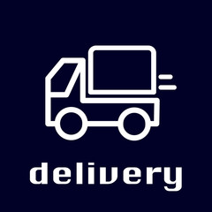 Vector flat line truck icon, delivery car icon, thumb shipping icon. Outline contour minimalism. White image on a dark background.