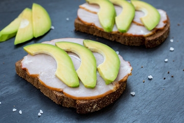 Toast with ham and slices of avocado