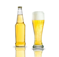 Bottle and glass of beer isolated on white