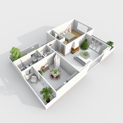 3d interior rendering perspective view of furnished home apartment