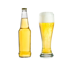 Bottle and glass of beer isolated on white