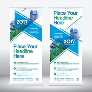Blue Color Scheme with City Background Business Roll Up Design Template.Flag Banner Design. Can be adapt to Brochure, Annual Report, Magazine,Poster, Corporate Presentation, Flyer, Website

