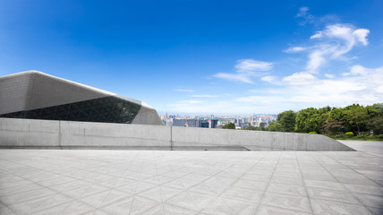 cityscape and skyline of hangzhou from empty floor