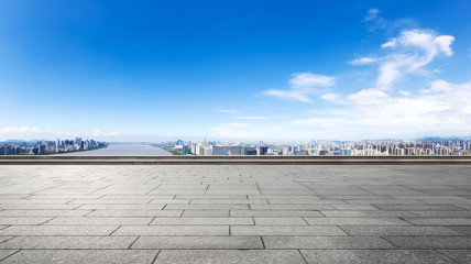 cityscape and skyline of hangzhou from empty floor