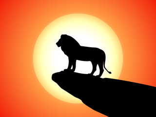 Vector black silhouette lion on rock cliff sunset © zhenyakot