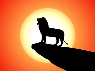 Vector black silhouette snarling lion on a rock © zhenyakot
