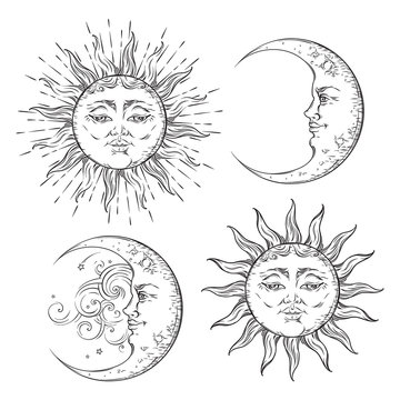 Naklejka Boho chic flash tattoo design hand drawn art sun and crescent moon set. Antique style sticker design vector isolated on white background