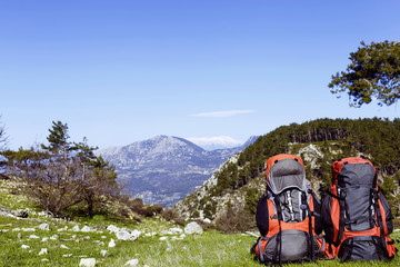Backpack in the mountains with views of the mountains.
