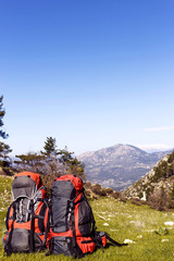 Backpack in the mountains with views of the mountains.