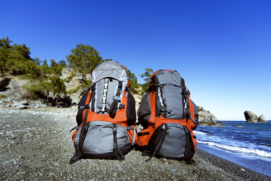 Backpacks on the beach in the summer campaign.