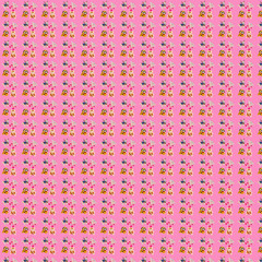 Seamless abstract pattern of different soft toys on a pink background