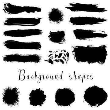 Black ink borders, brush strokes, stains, banners, blots, splatters. Vector set of hand drawn grunge elements isolated on white background. 