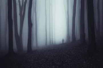 Gordijnen Haunted forest background. Scary ghostly figure in fog in dark woods © andreiuc88