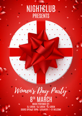Red poster for Women's Day party. Top view on white gift box with red bow. Vector illustration with confetti and serpentine. Invitation to nightclub.