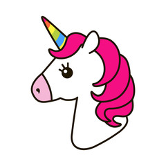 Unicorn vector icon isolated on white. Head portrait horse sticker, patch badge. Cute magic cartoon fantasy cute animal. Rainbow horn, pink hair. Dream symbol. Design for children