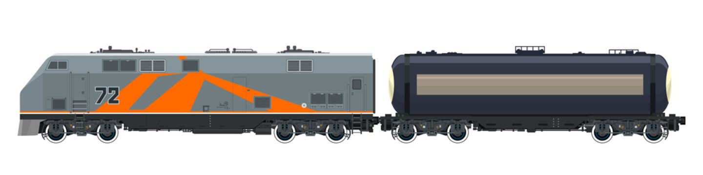 Orange Locomotive with Railway Tank Car Isolated on White Background, Train, Railway and Container Transport, Tank on Railway Platform for Transportation of Liquid and Loose Freights ,Vector