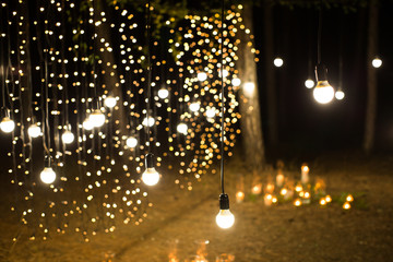 Wedding ceremony evening with candles and lamps in the coniferous pine forest