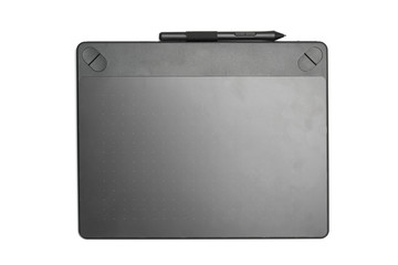 Graphic tablet with pen for illustrators and designers, isolated on white background