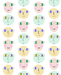 Seamless art fun pettern with cartoon faces. made like art kids design