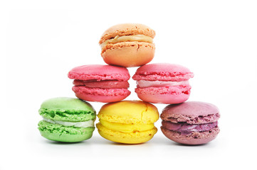 Fototapeta na wymiar Different types of tasty and colorful macaroons isolated on the white background with copy space