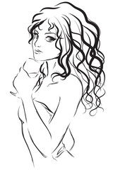 Sketch of young girl with glass of wine in hand