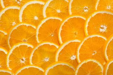 Bright orange background from slices of juicy Orange. Healthy food, background.