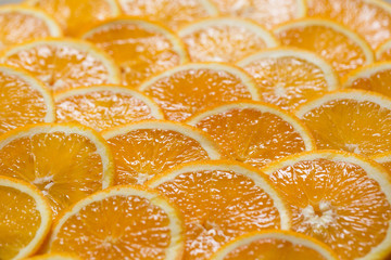 Bright orange background from slices of juicy Orange. Healthy food, background.