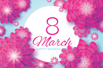 Pink Paper Cut Flower. 8 March. Origami Women's Day. Circle Frame. Space for text