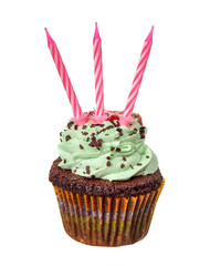 Green cupcake with three red candles