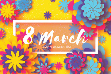 Yellow Colorful Paper Cut Flower. 8 March. Origami Women's Day. Rectangle Frame. Space for text