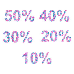 Set of different discount signs made of petals.