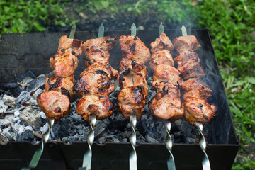 Beef and pork barbecue, steak on the grill. Kebab on a skewer. Nature.