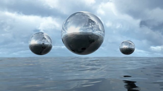 Animated abstract liquid transparent sphere above water loop able. 3D rendering 4K