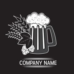 Beer mug with hope cone, windmill in a field and ears of wheat. Vector illustration in flat style. Template for logo, badge or pub brand identity.