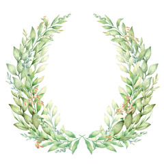 Vector watercolor hand painted elegant green leaves and herbs wreath