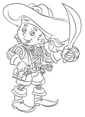 happy smiling cartoon medieval pirate standing with big sword