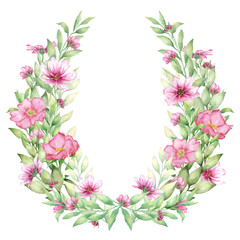 Vector watercolor hand painted elegant  green leaves and pink flowers wreath
