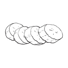 black and white Sliced, chopped unpeeled ripe banana, sketch style vector illustration isolated on white background. Realistic hand drawing of banana chopped into pieces