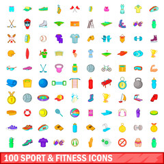 Fototapeta premium 100 sport and fitness icons set, cartoon style