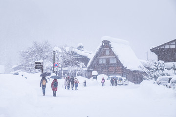 Famous traditional gassho-zukuri farmhouses in Shirakawa-go village, Japan.In the winter all village are covered with snow.