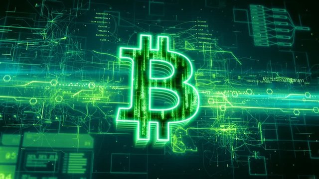 Abstract animation of bitcoin currency sign in digital cyberspace