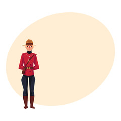 Canadian policeman in traditional uniform - scarlet tunic and breeches, cartoon vector illustration with place for text.