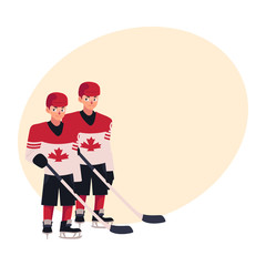 Two hockey players in Canadian uniform with maple leaf standing and holding sticks, cartoon vector illustration with place for text. Full length portrait of two Canadian hockey players
