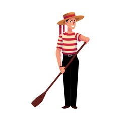 Full length portrait of young Italian, Venetian gondolier in typical clothes, cartoon vector illustration isolated on white background. Italian gondolier in traditional clothing, tourist attraction - obrazy, fototapety, plakaty