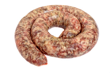Ring of raw homemade sausages  close-up isolate on a white background.