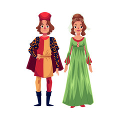 Italian Man and woman in Renaissance time costumes, clothing, cartoon vector illustration isolated on white background. Medieval, Renaissance Italian couple in traditional historical dresses